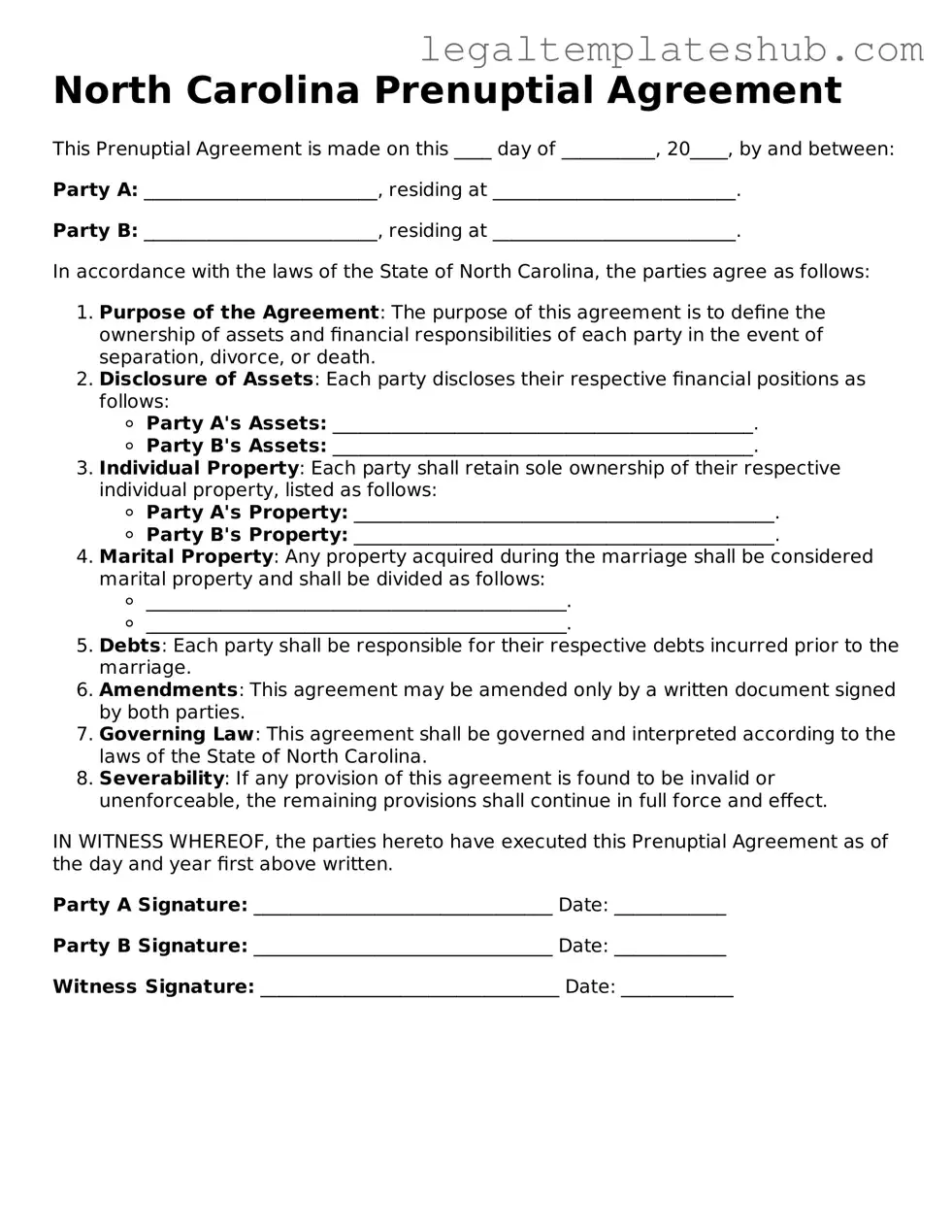 Printable Prenuptial Agreement Document for North Carolina