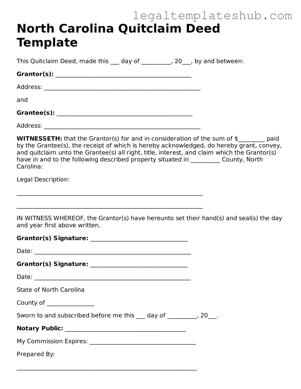 Printable  Quitclaim Deed Document for North Carolina
