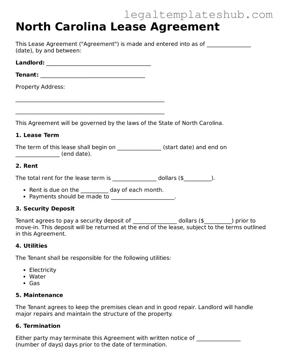 Printable Lease Agreement Document for North Carolina