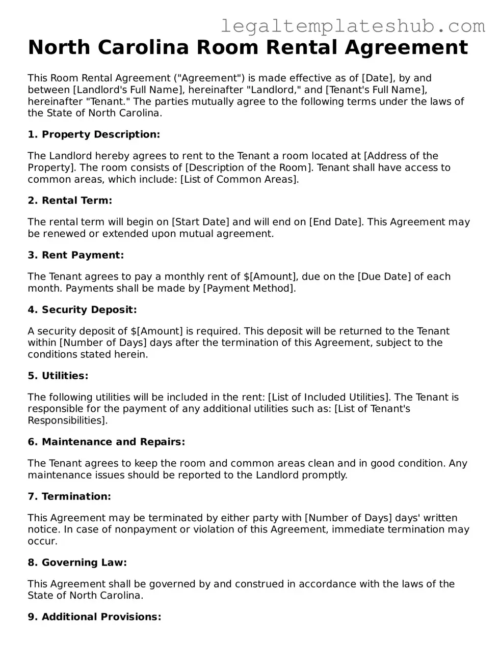 Printable  Room Rental Agreement Document for North Carolina