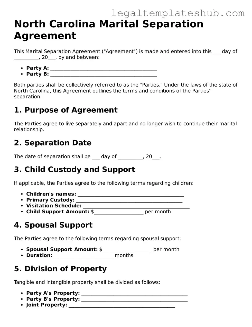 Printable Marital Separation Agreement Document for North Carolina