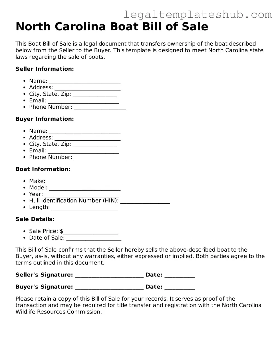 Printable Boat Bill of Sale Document for North Carolina