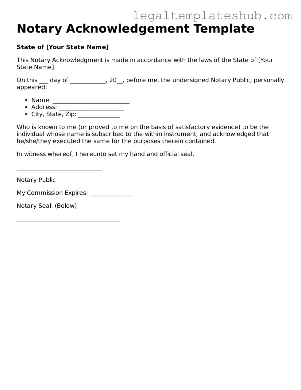Printable Notary Acknowledgement Template