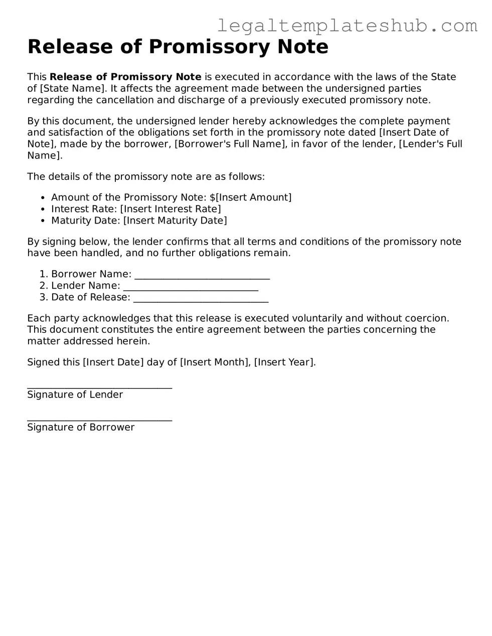 Printable Release of Promissory Note Template
