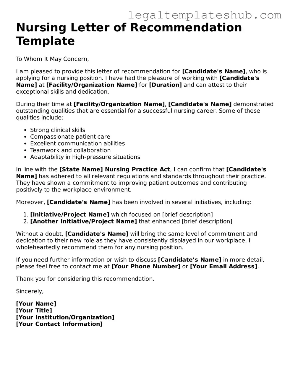 Printable Nursing Letter of Recommendation Template