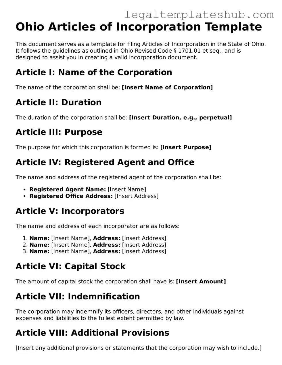 Printable  Articles of Incorporation Document for Ohio