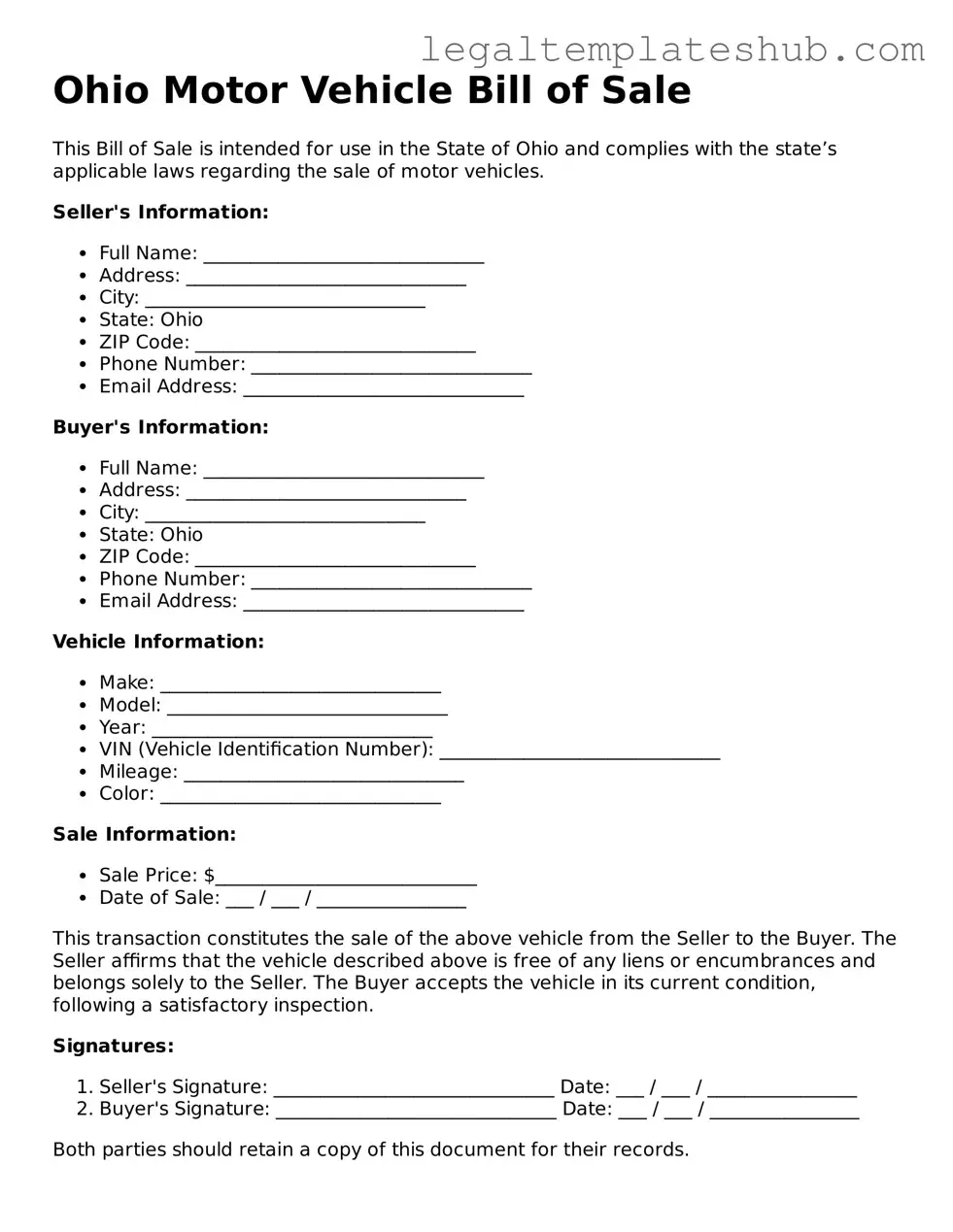 Printable  Motor Vehicle Bill of Sale Document for Ohio