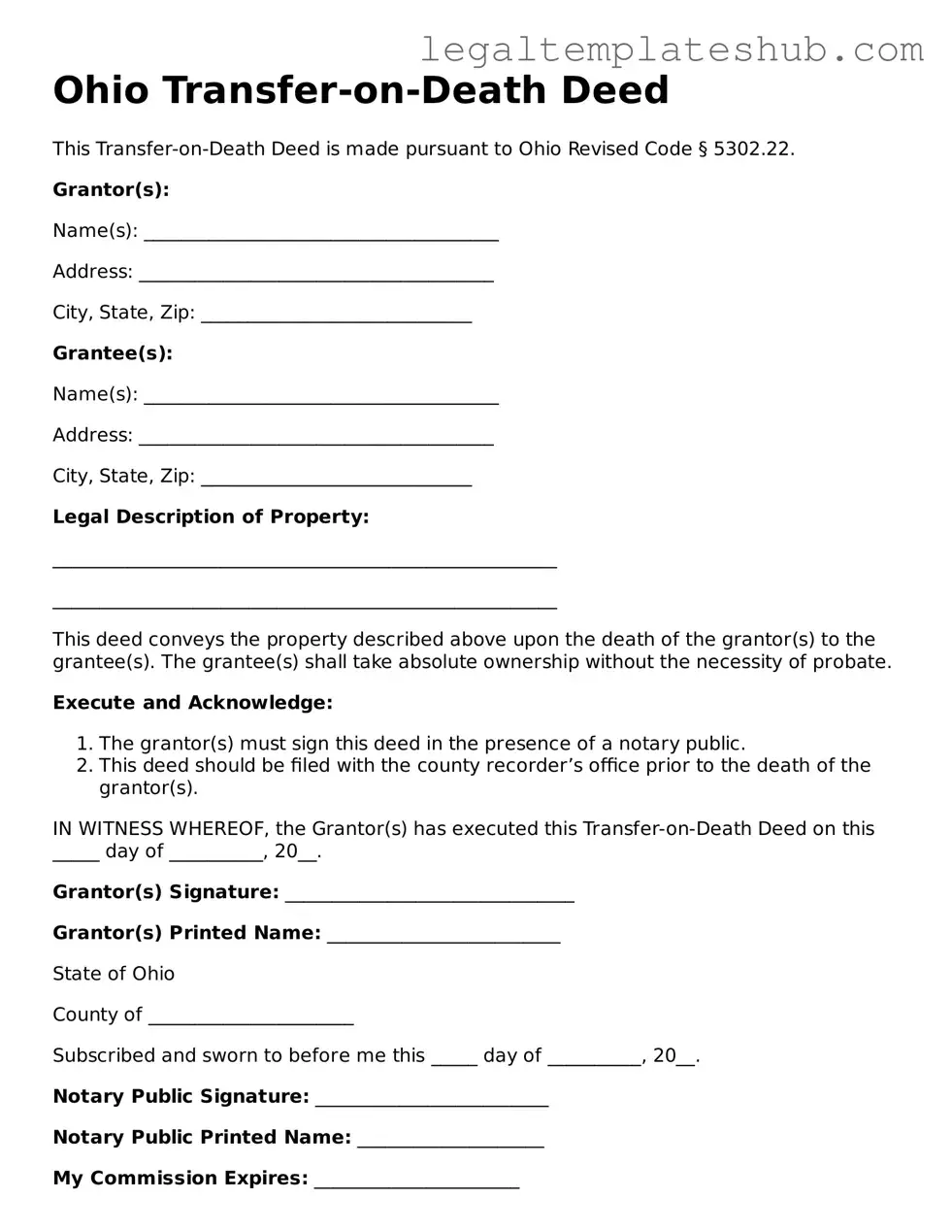 Printable Transfer-on-Death Deed Document for Ohio