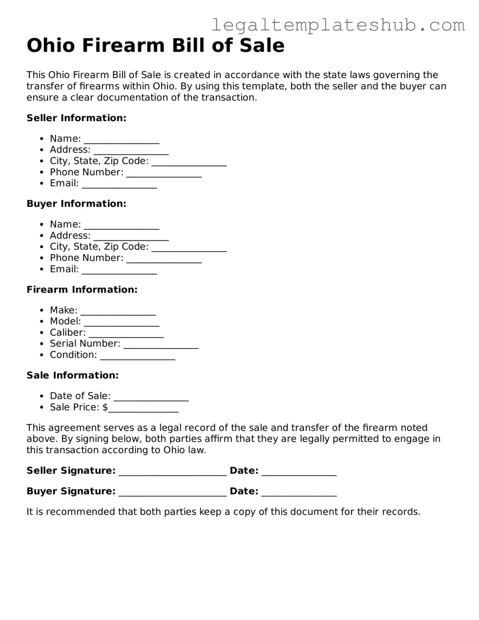 Printable  Firearm Bill of Sale Document for Ohio