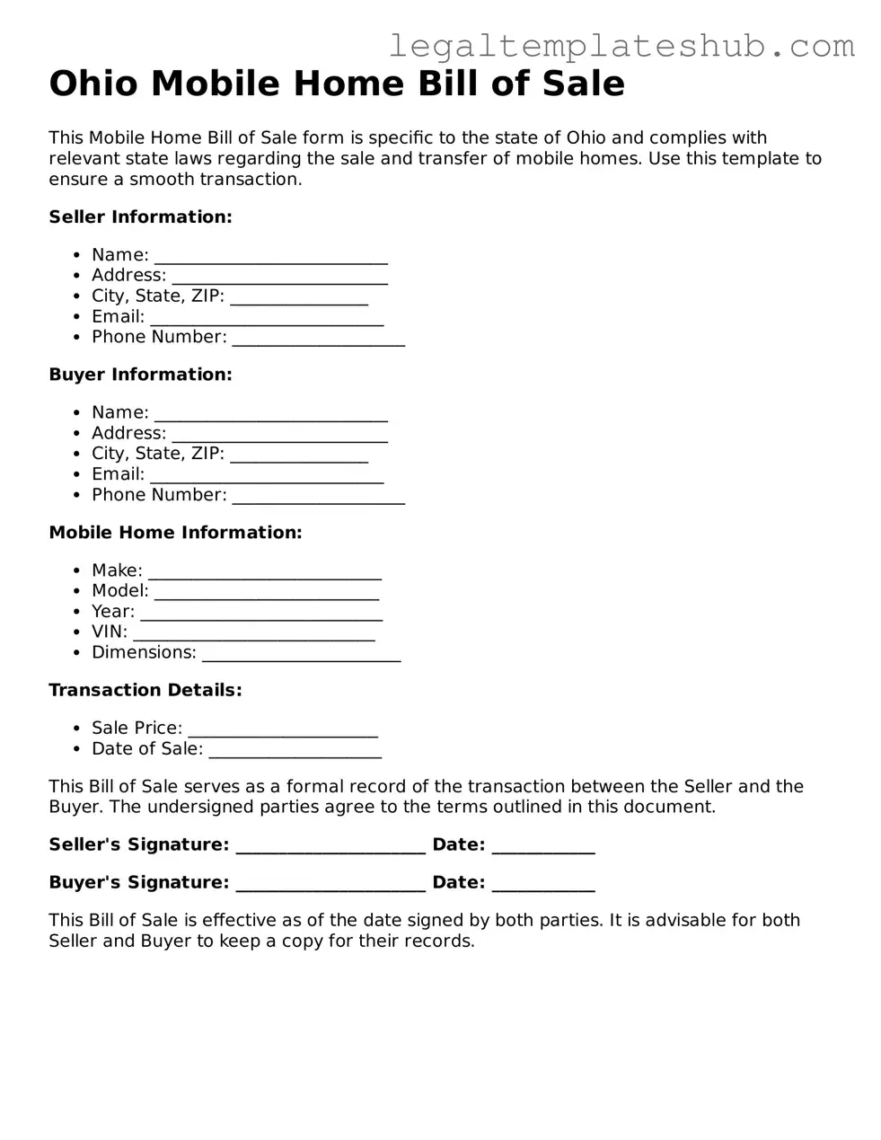 Printable  Mobile Home Bill of Sale Document for Ohio