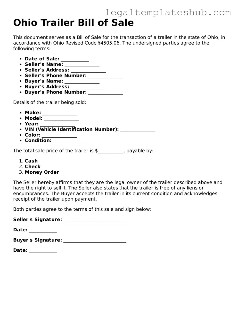 Printable Trailer Bill of Sale Document for Ohio