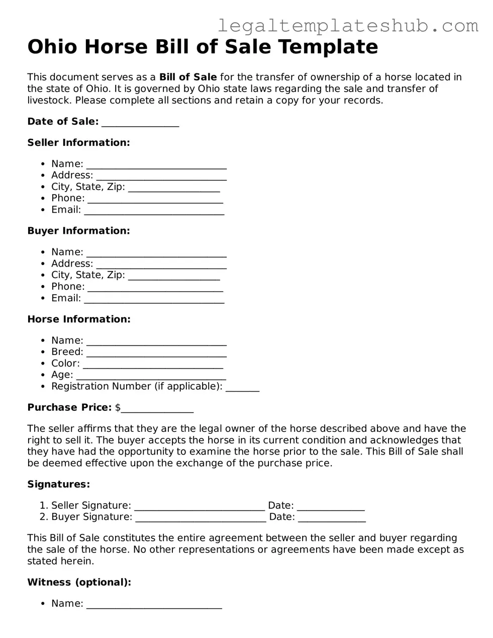 Printable  Horse Bill of Sale Document for Ohio
