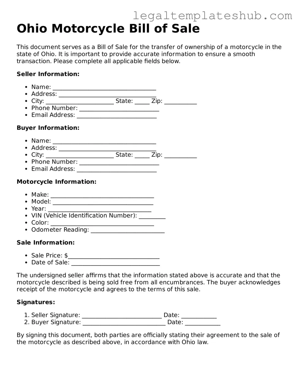 Printable  Motorcycle Bill of Sale Document for Ohio