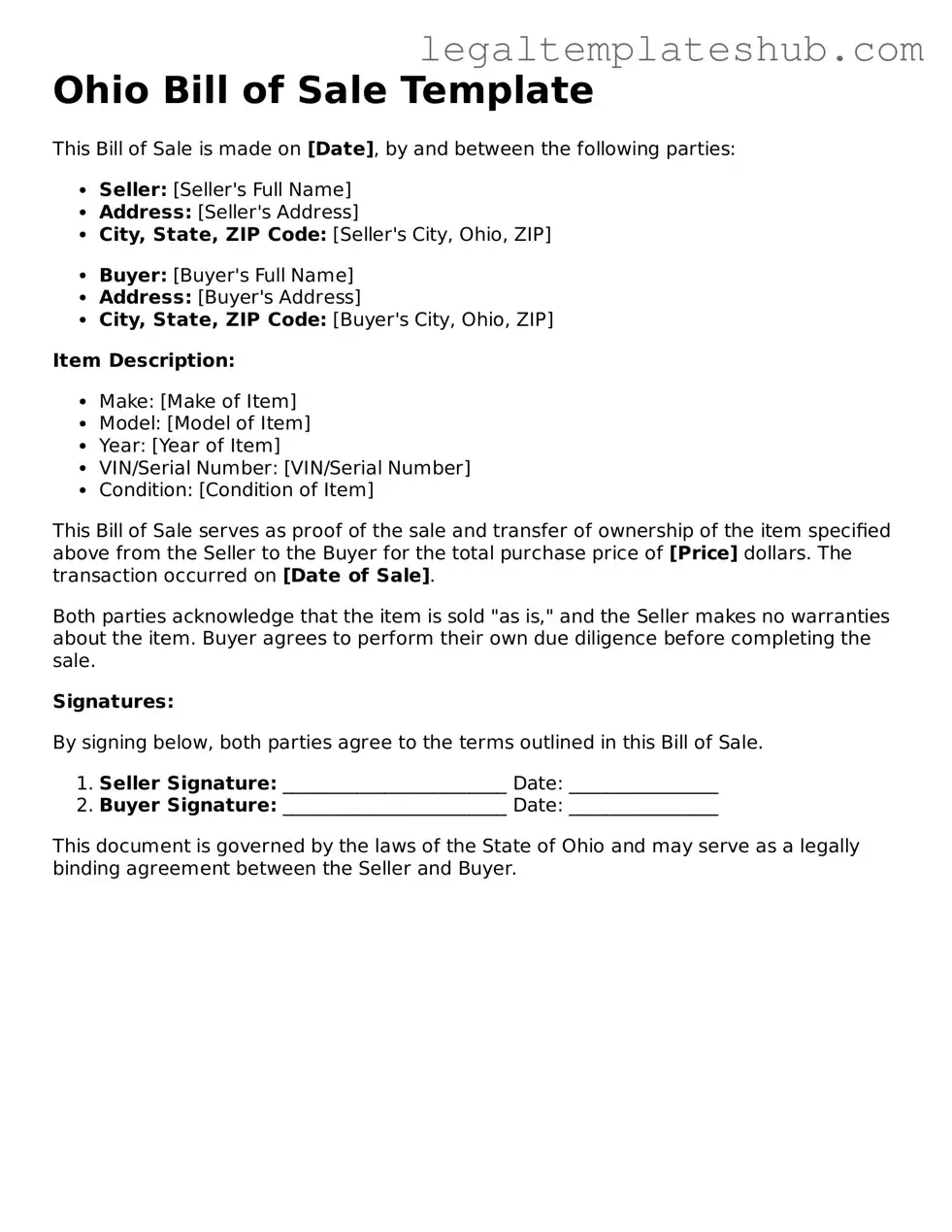 Printable  Bill of Sale Document for Ohio