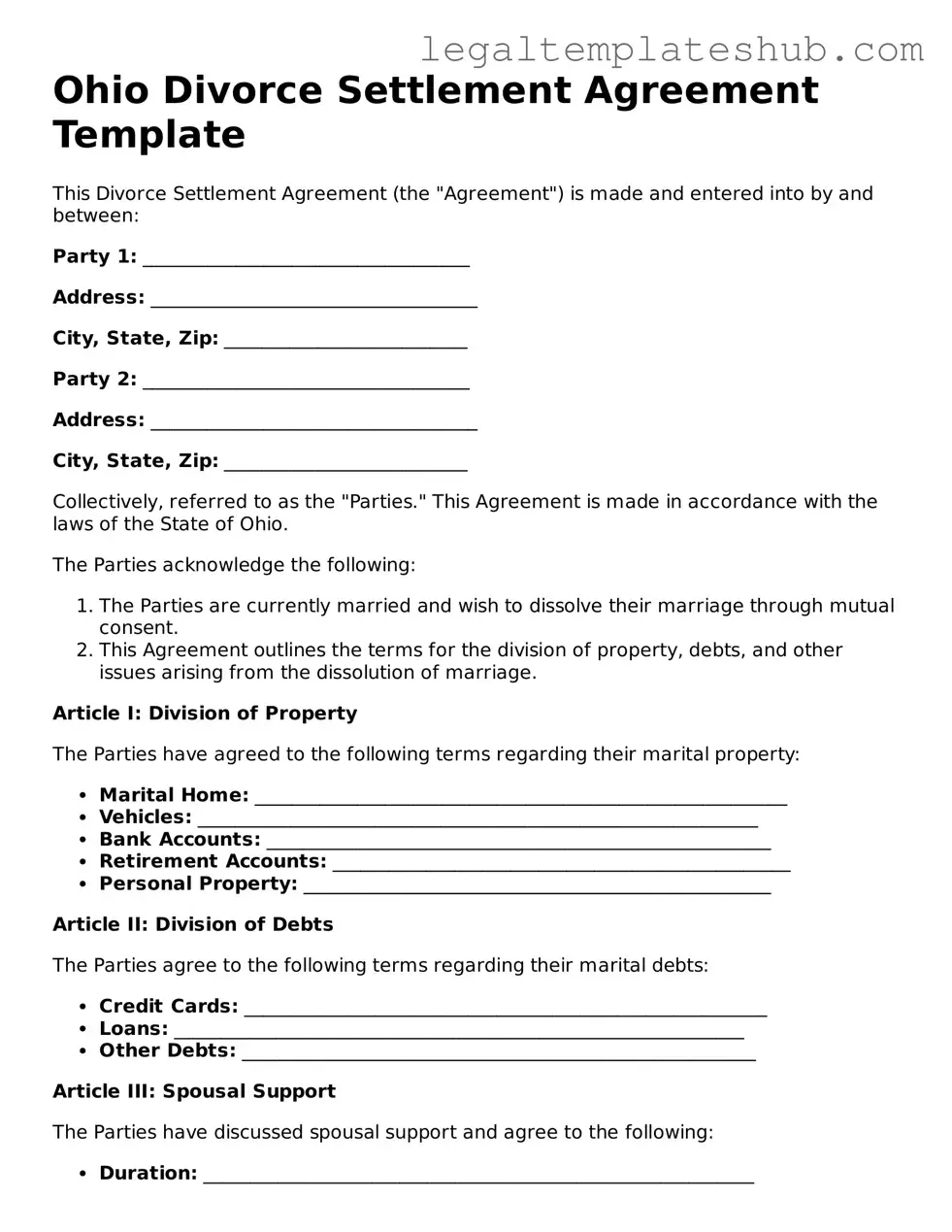 Printable  Divorce Settlement Agreement Document for Ohio