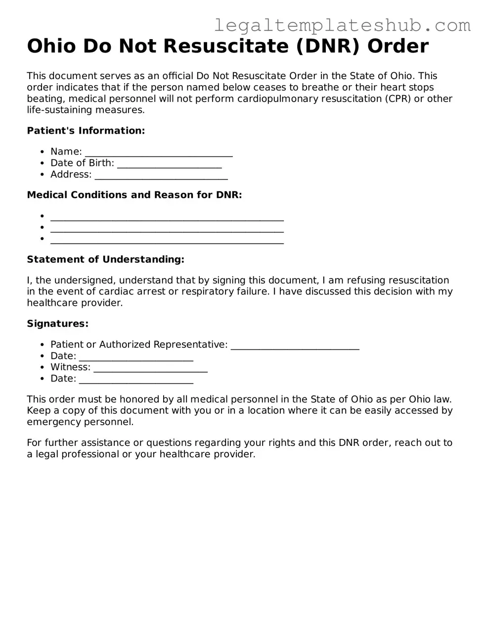 Printable Do Not Resuscitate Order Document for Ohio