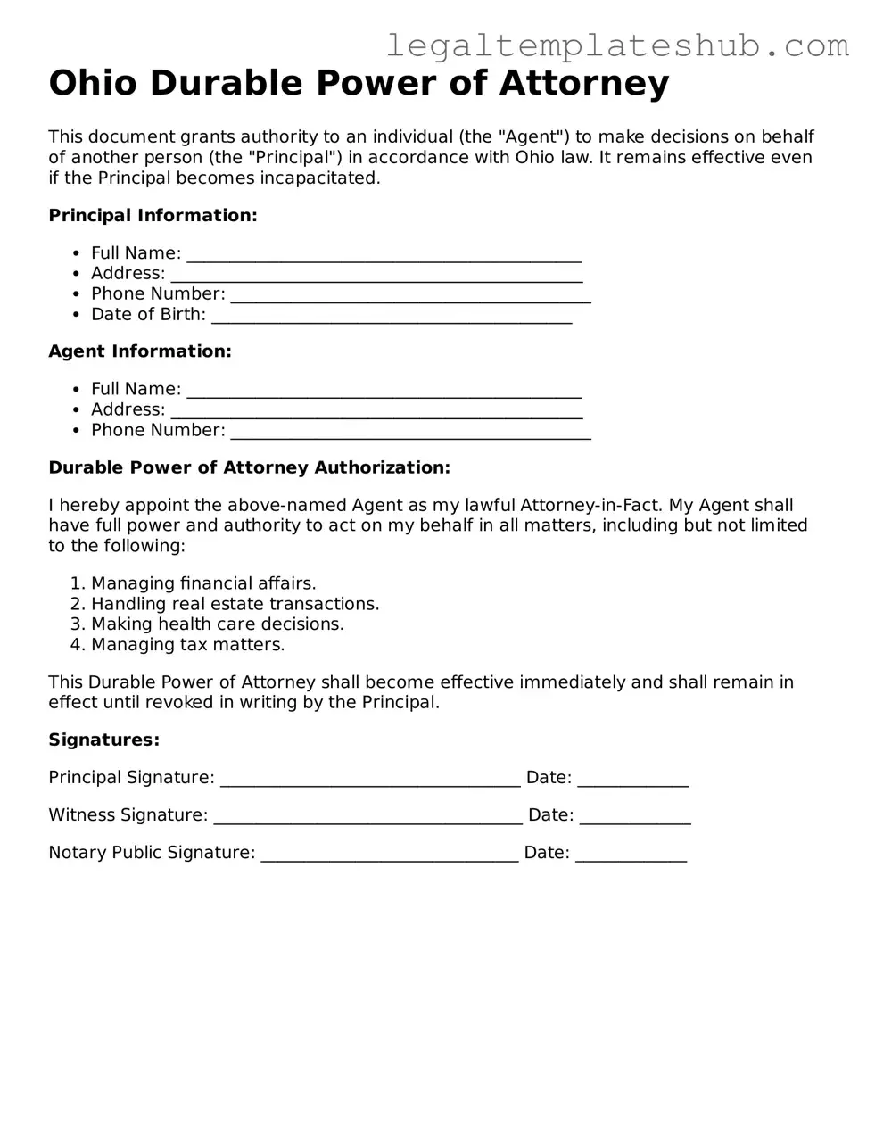 Printable Durable Power of Attorney Document for Ohio
