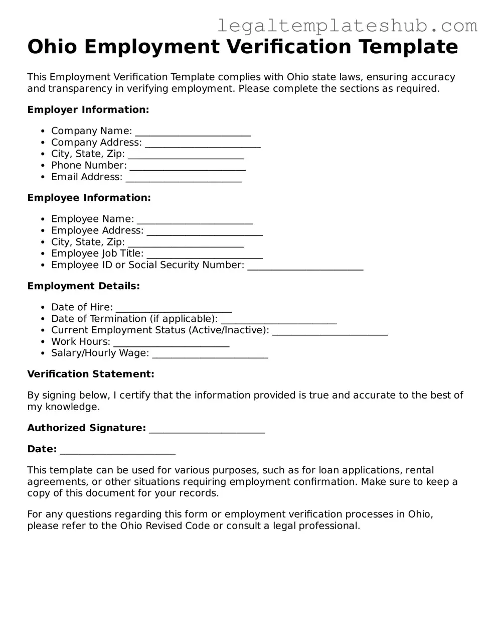 Printable Employment Verification Document for Ohio
