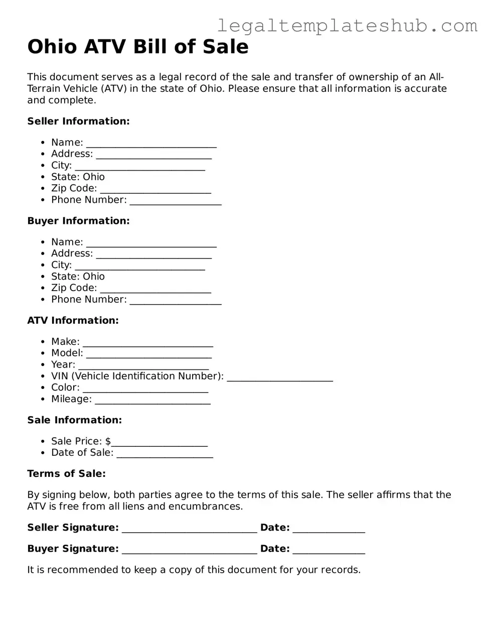 Printable  ATV Bill of Sale Document for Ohio