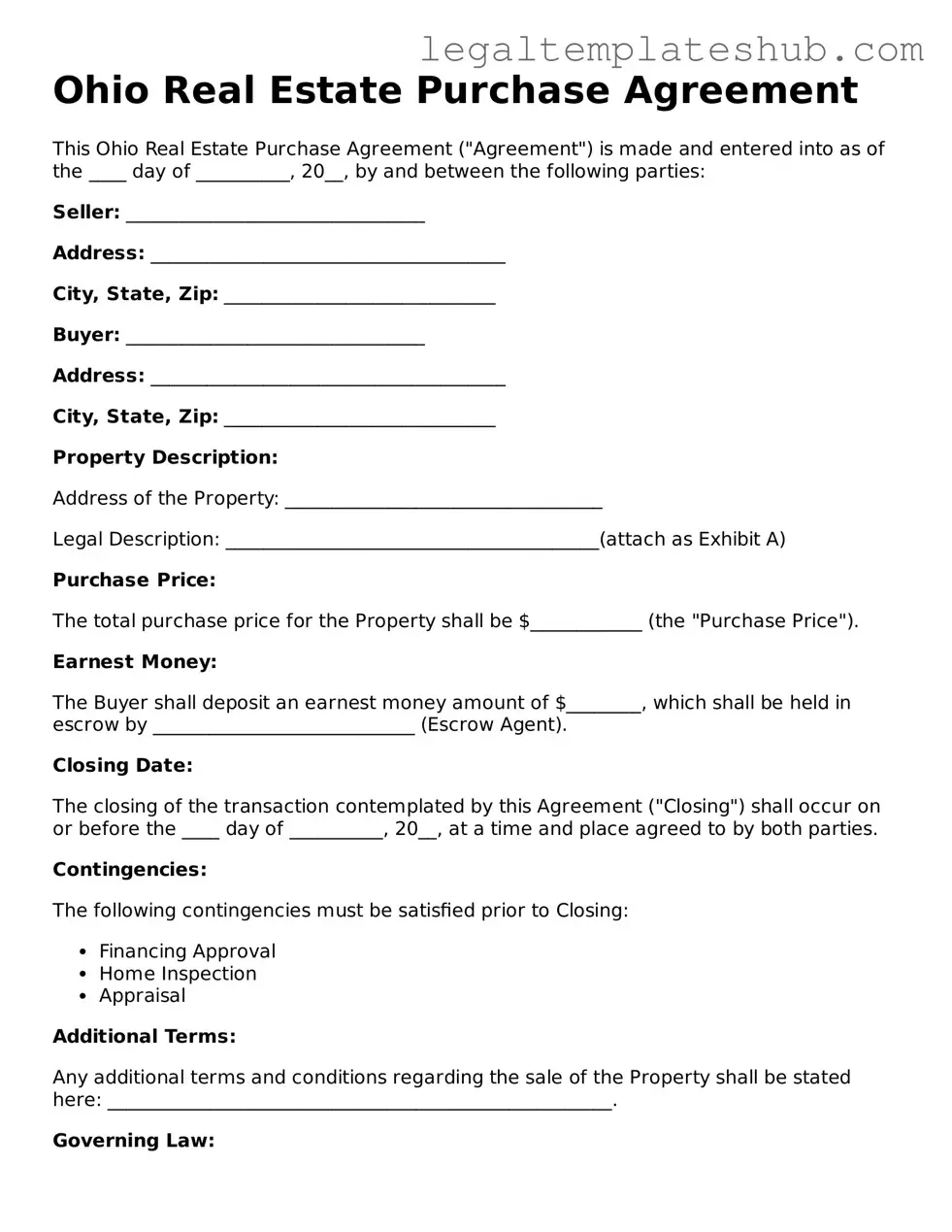 Printable  Real Estate Purchase Agreement Document for Ohio