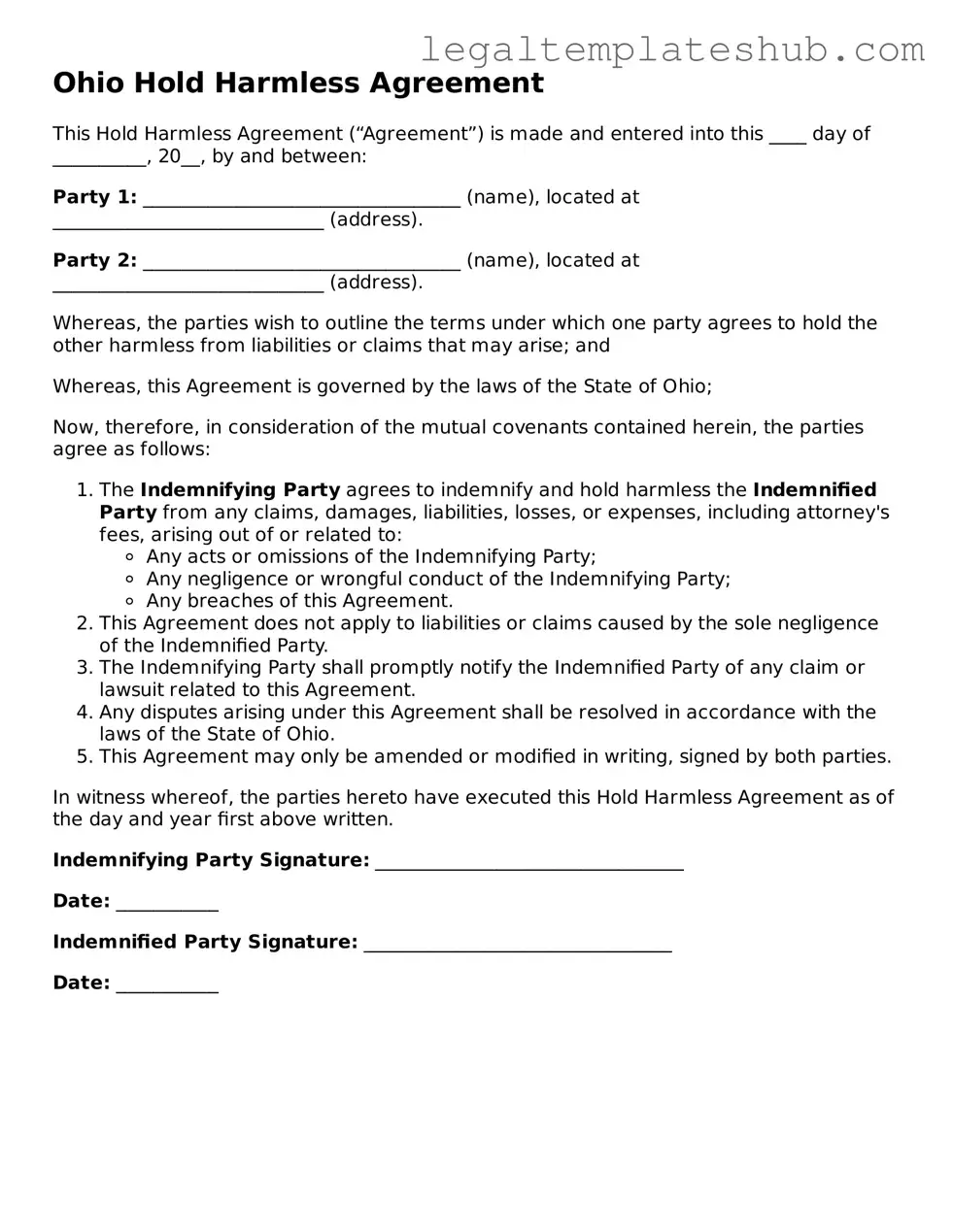 Printable  Hold Harmless Agreement Document for Ohio