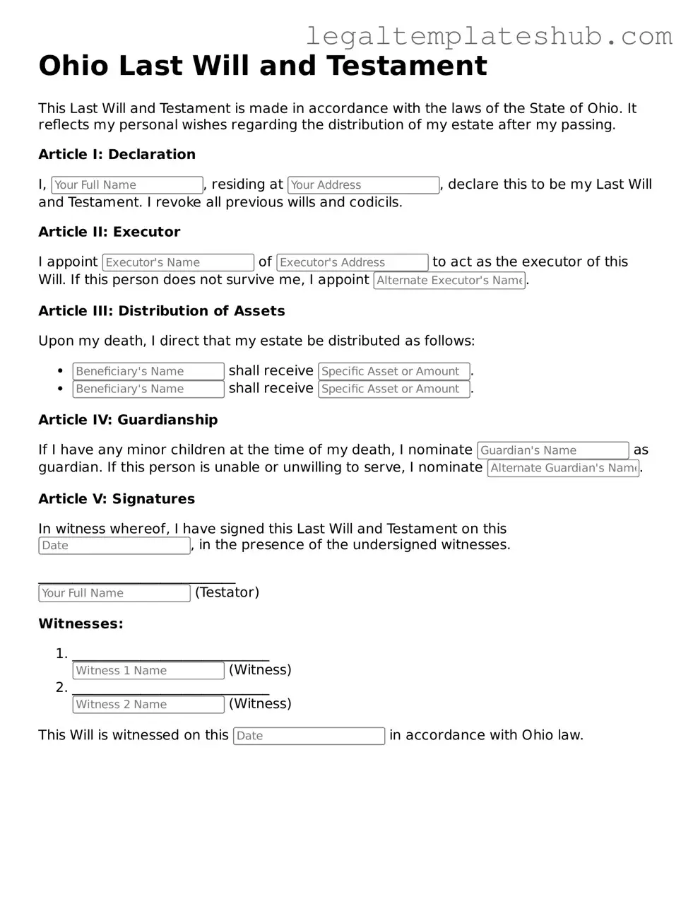 Printable Last Will and Testament Document for Ohio