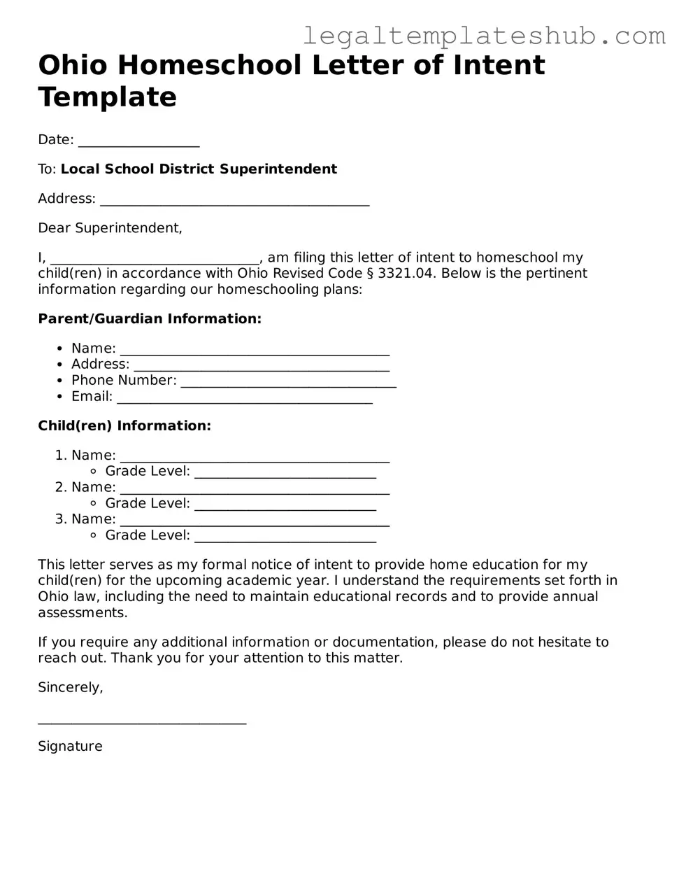 Printable  Homeschool Letter of Intent Document for Ohio
