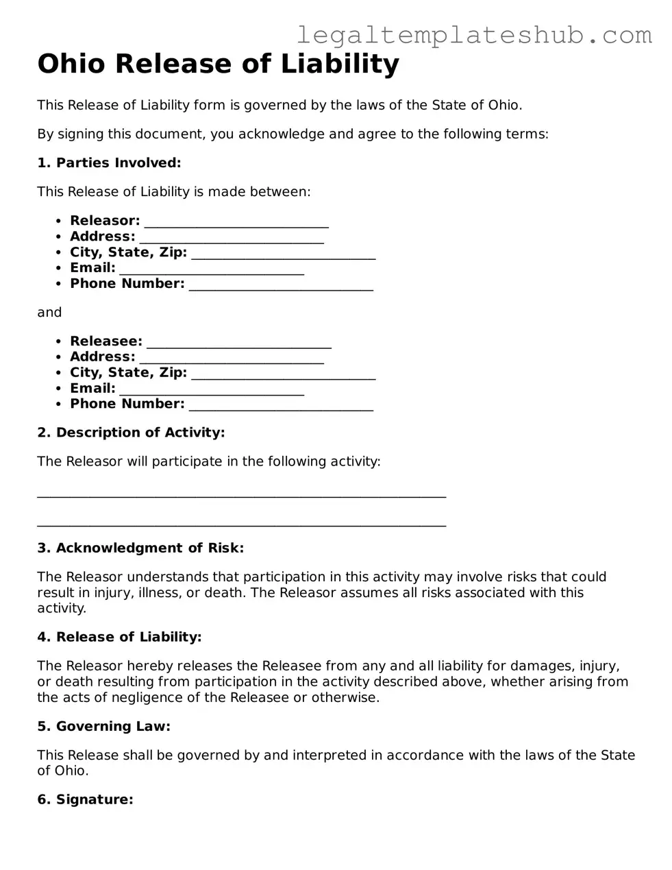 Printable  Release of Liability Document for Ohio