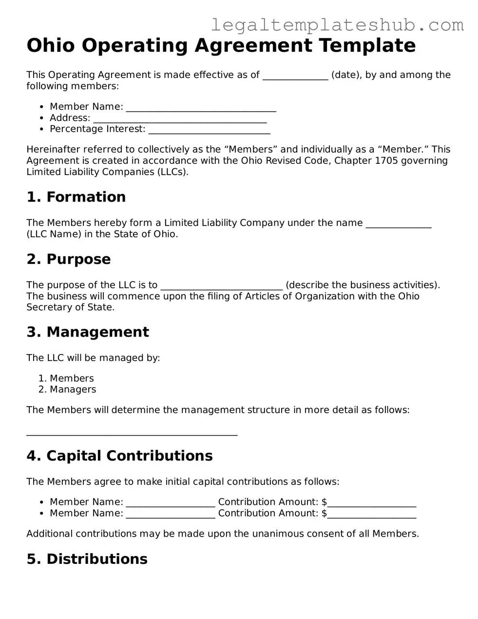 Printable Operating Agreement Document for Ohio