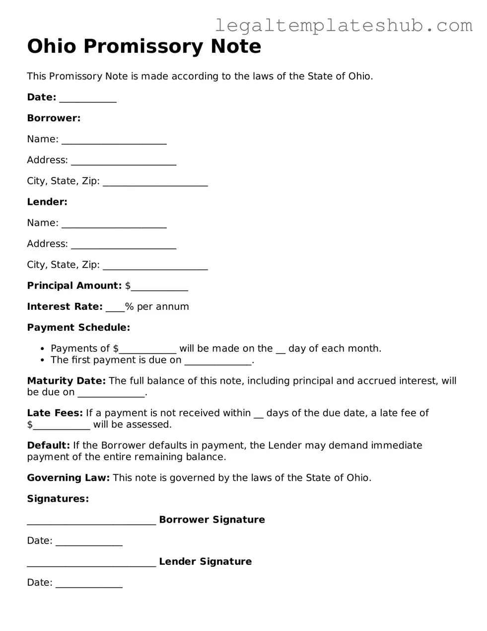 Printable  Promissory Note Document for Ohio