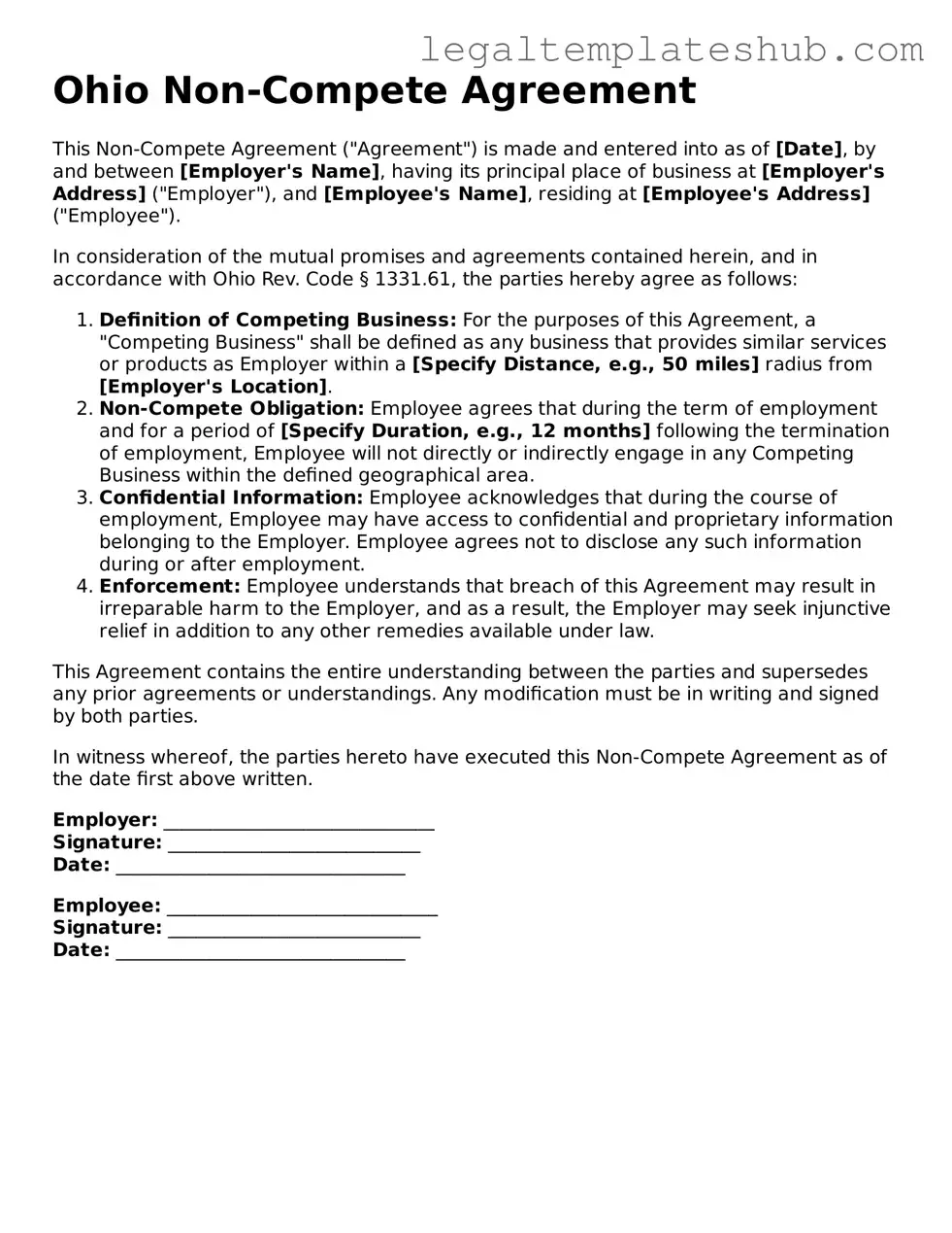 Printable  Non-compete Agreement Document for Ohio