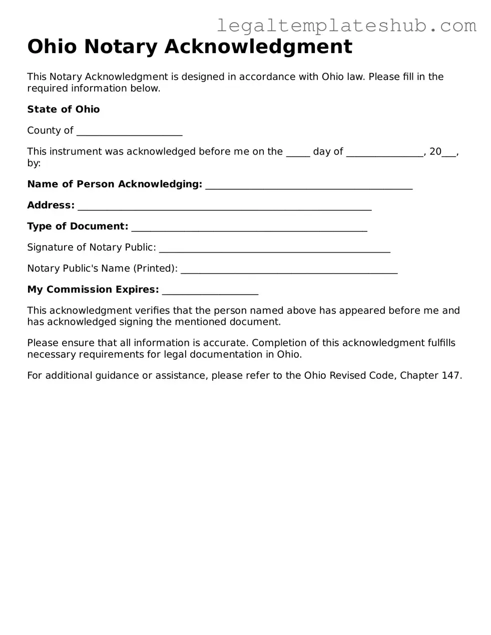 Printable Notary Acknowledgement Document for Ohio