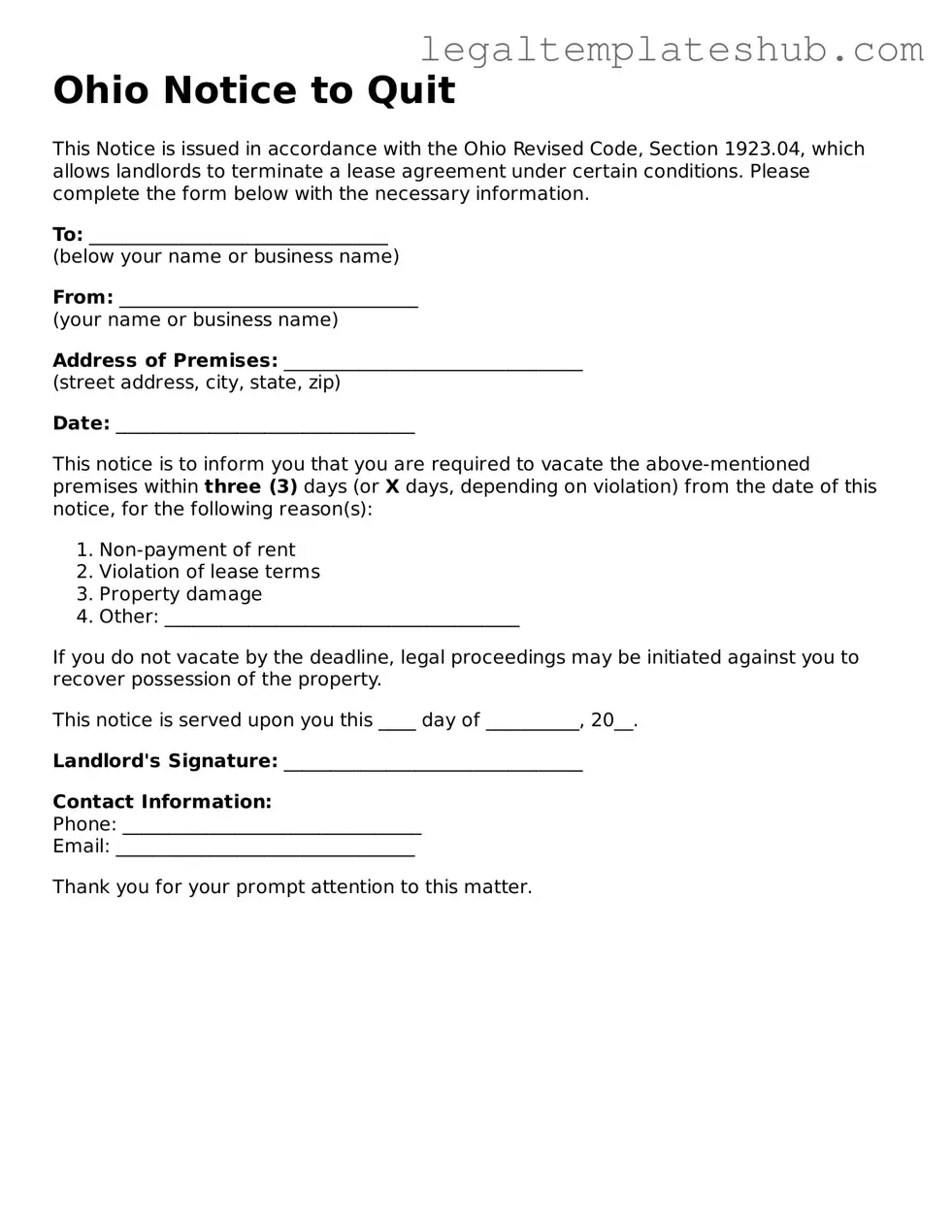 Printable  Notice to Quit Document for Ohio