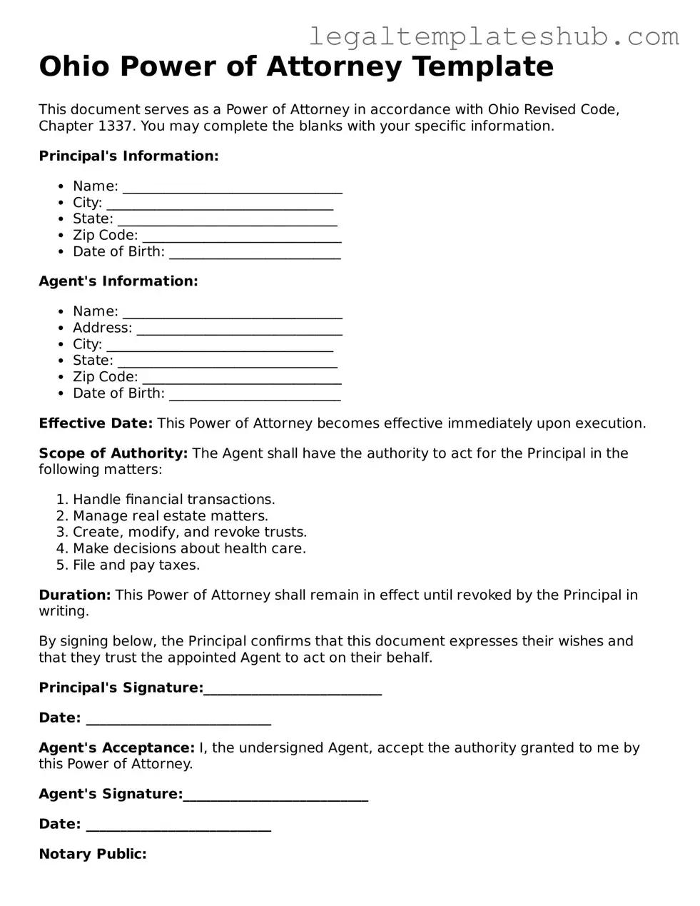 Printable  Power of Attorney Document for Ohio