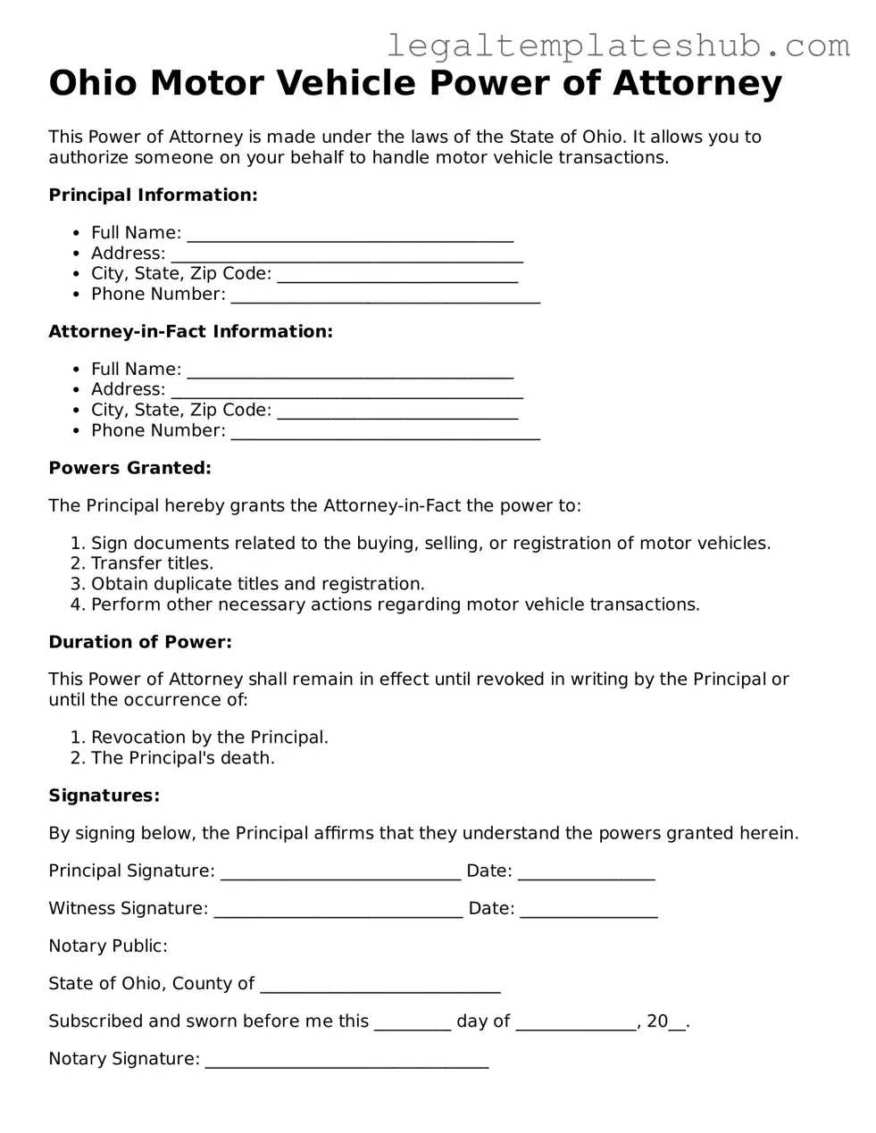 Printable  Motor Vehicle Power of Attorney Document for Ohio