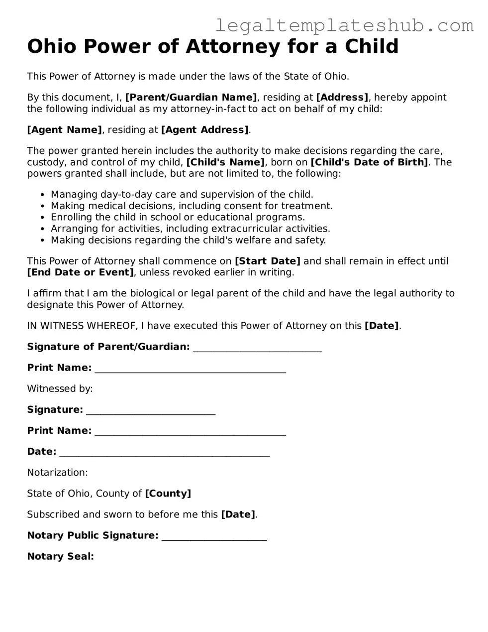Printable  Power of Attorney for a Child Document for Ohio
