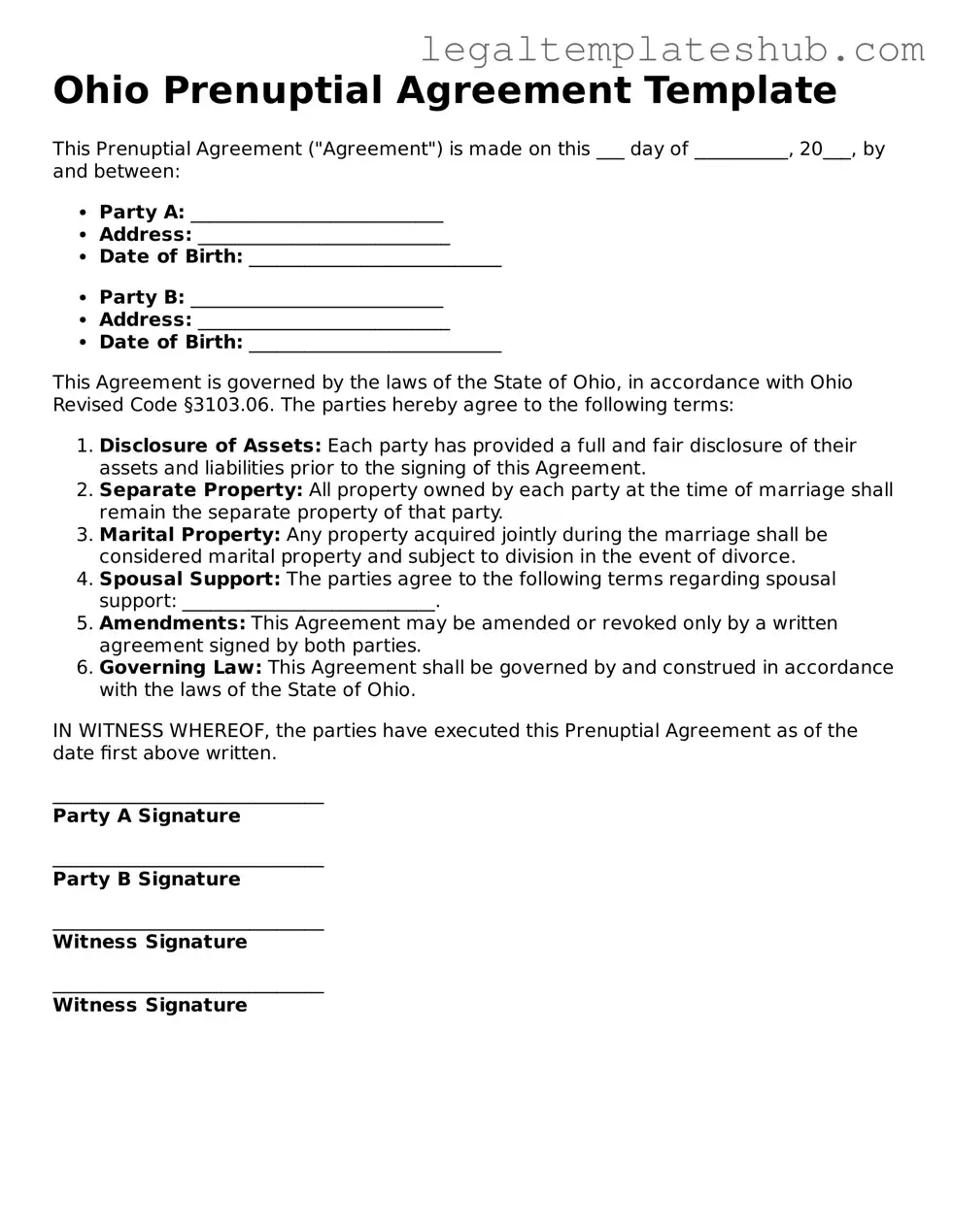 Printable  Prenuptial Agreement Document for Ohio