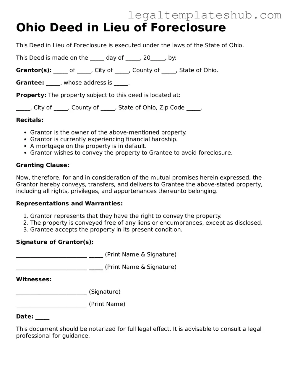 Printable  Deed in Lieu of Foreclosure Document for Ohio