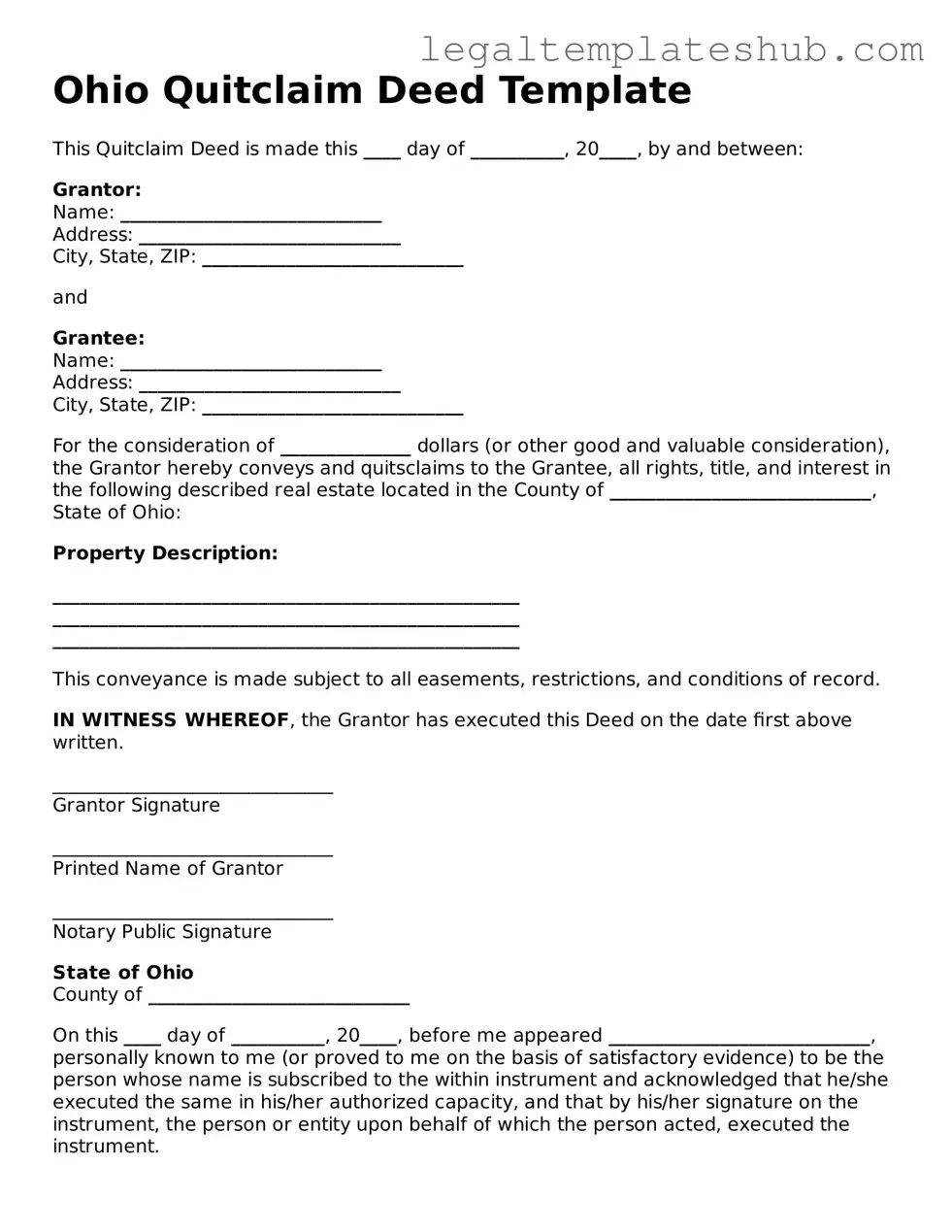 Printable Quitclaim Deed Document for Ohio