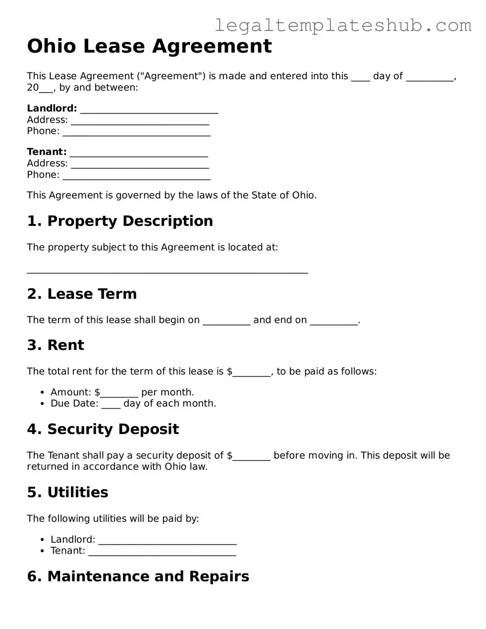 Printable  Lease Agreement Document for Ohio