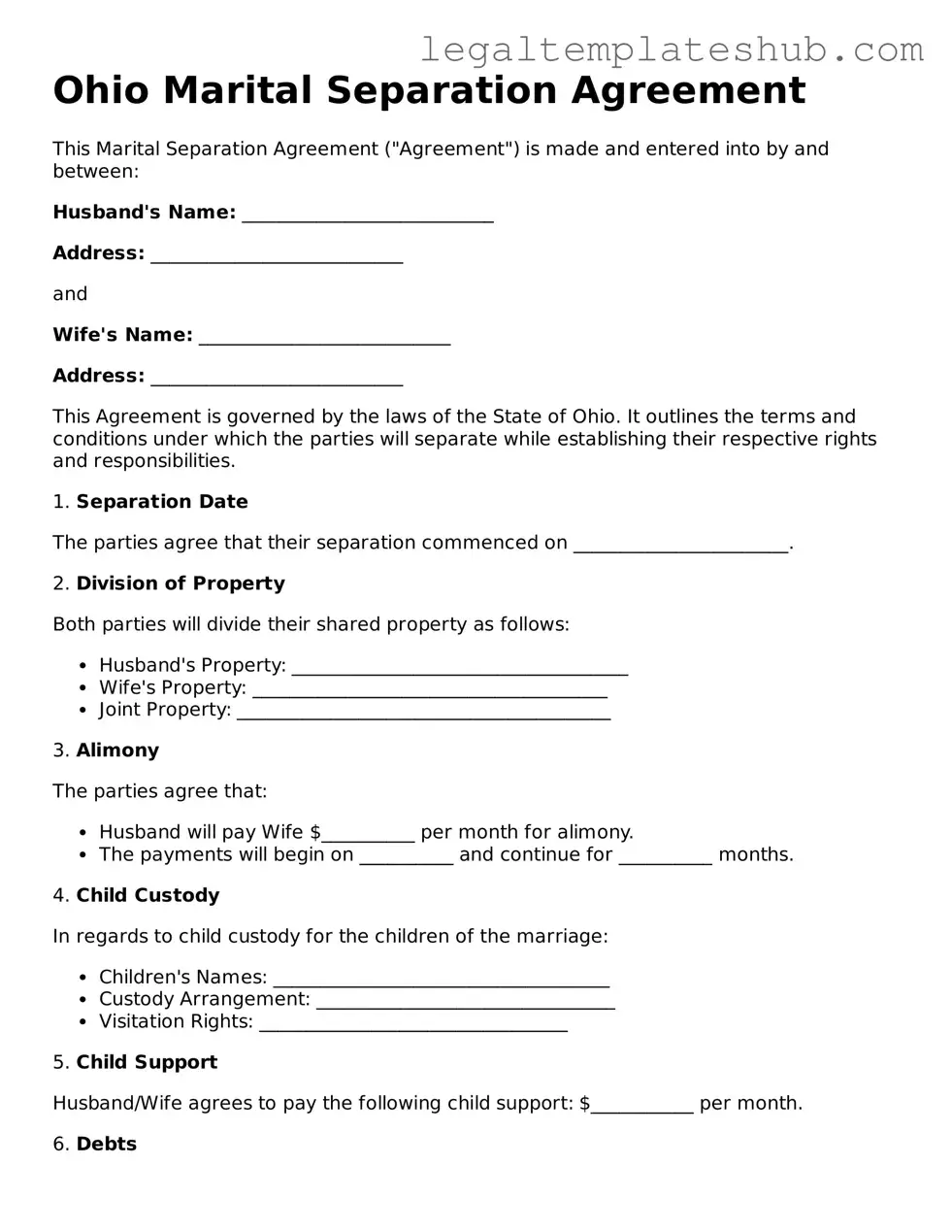Printable  Marital Separation Agreement Document for Ohio
