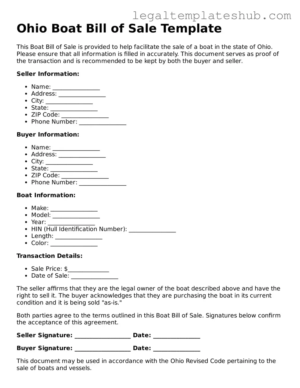 Printable Boat Bill of Sale Document for Ohio