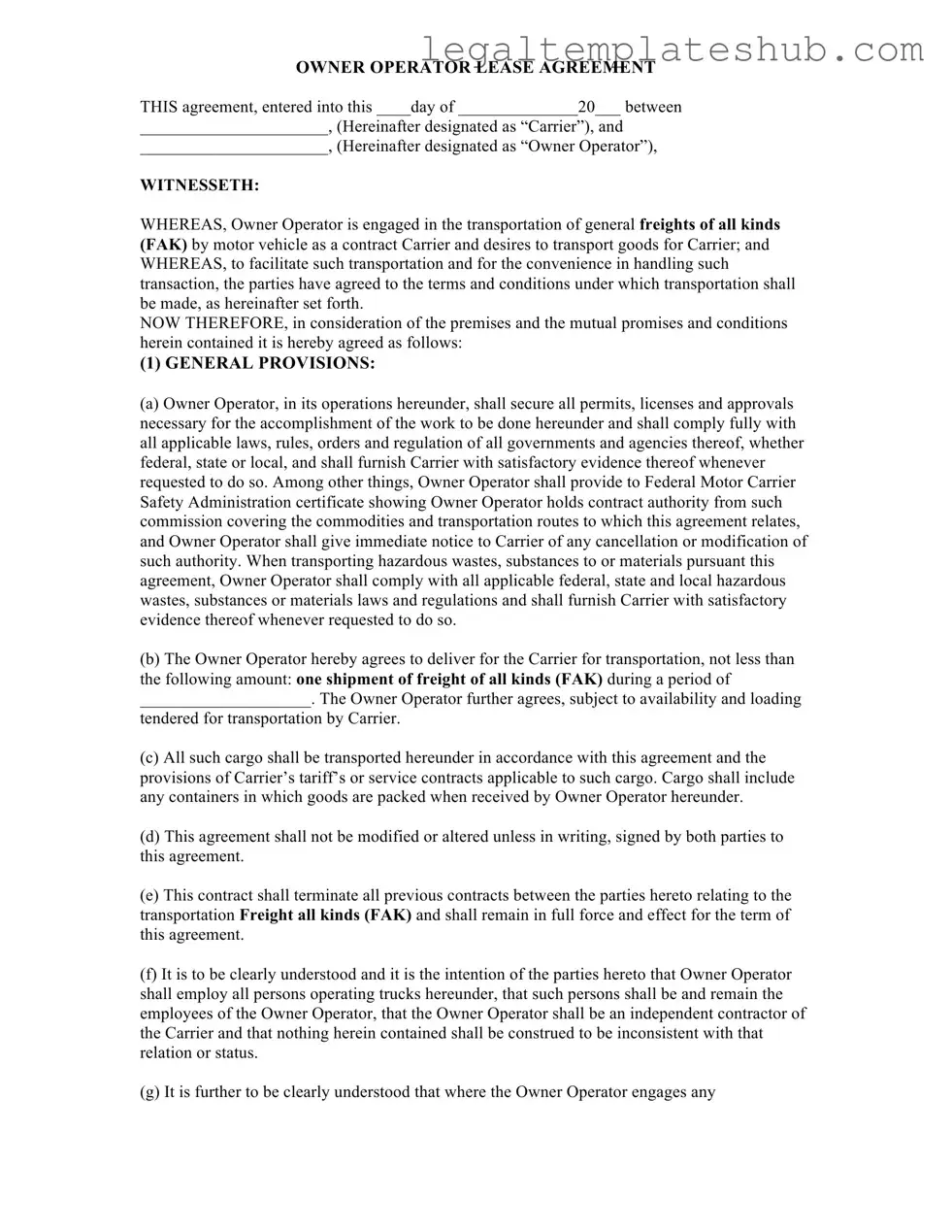 Blank Owner Operator Lease Agreement PDF Form