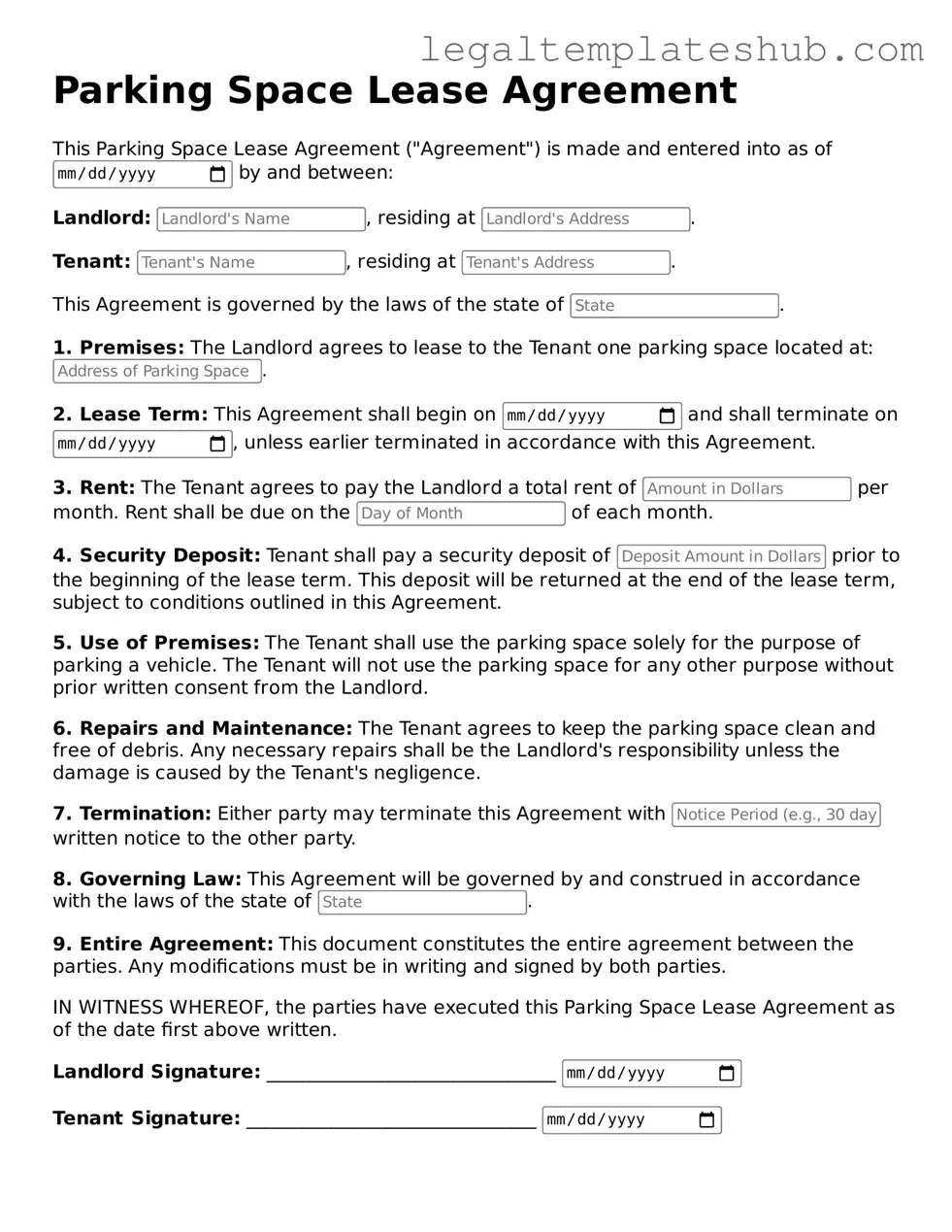 Printable Parking Space Lease Agreement Template