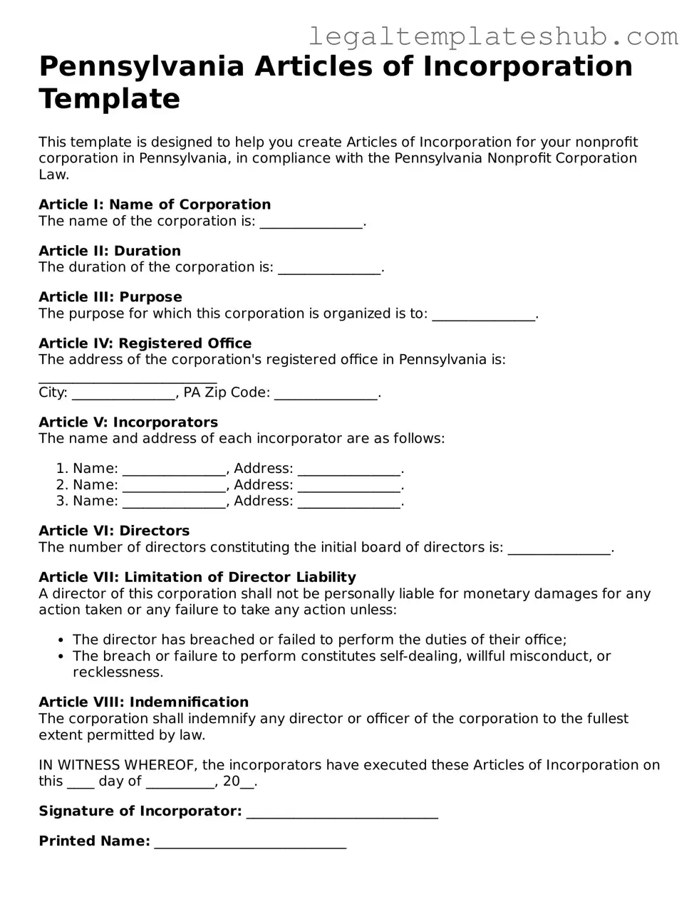 Printable  Articles of Incorporation Document for Pennsylvania