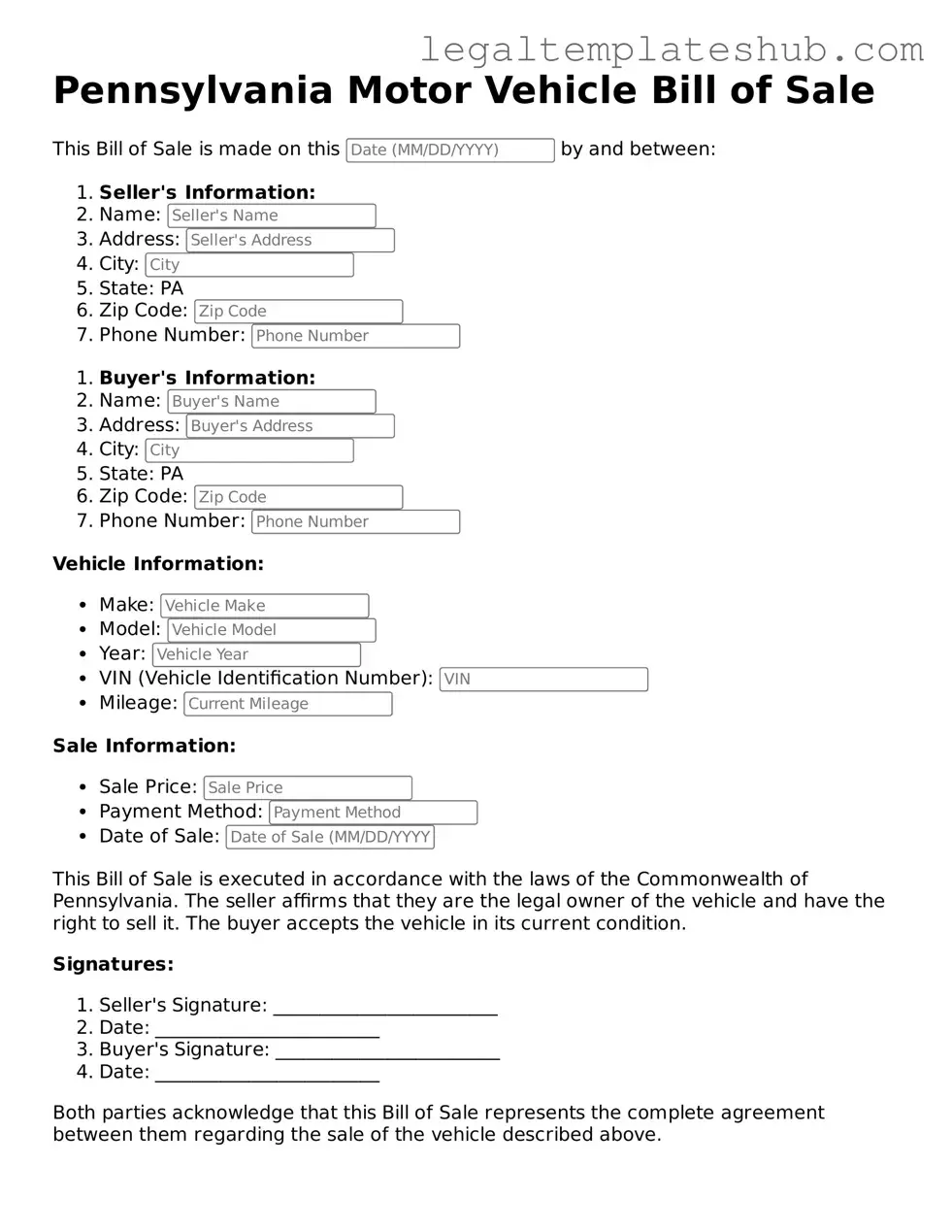 Printable Motor Vehicle Bill of Sale Document for Pennsylvania