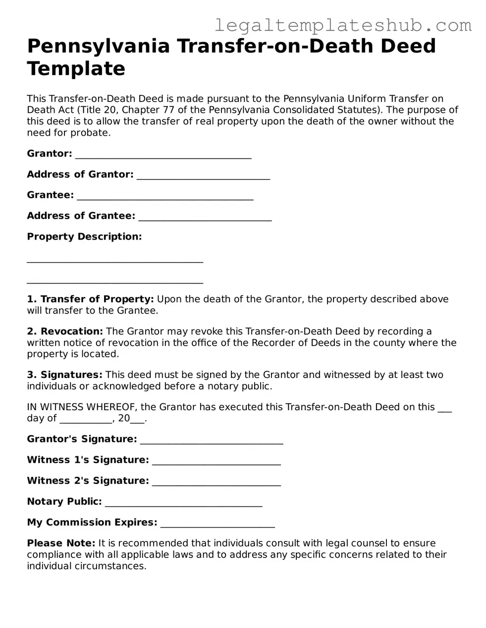 Printable Transfer-on-Death Deed Document for Pennsylvania