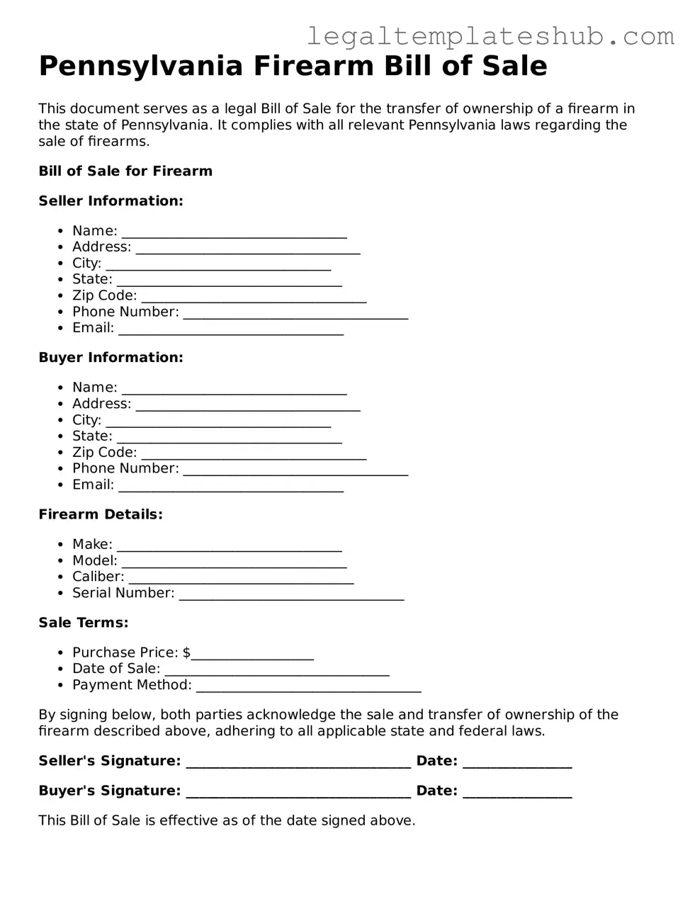 Printable Firearm Bill of Sale Document for Pennsylvania