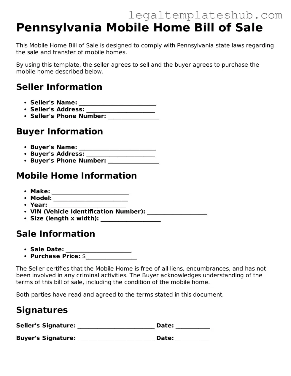 Printable  Mobile Home Bill of Sale Document for Pennsylvania