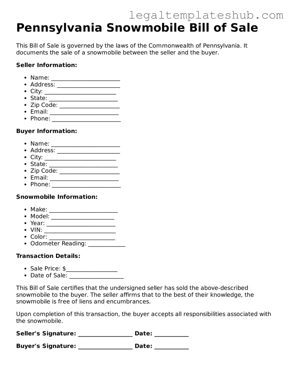 Printable Snowmobile Bill of Sale Document for Pennsylvania
